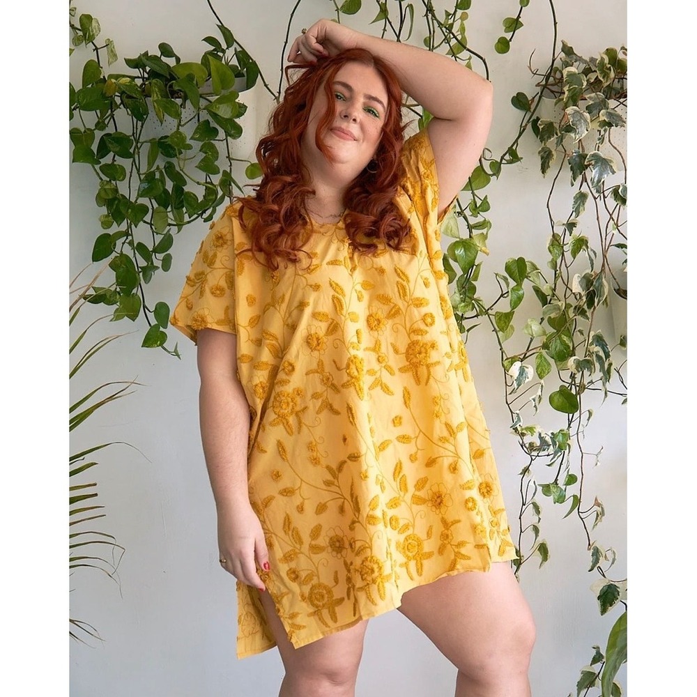 Tamara Malas Dune Dress Yellow Cotton Embroidered Kaftan Plus Size 1X 10/12